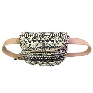 Sakroots BLACK WHITE JUTE COTTON ARTIST CIRCLE FANNY WAIST BAG CLUTCH HANDBAG